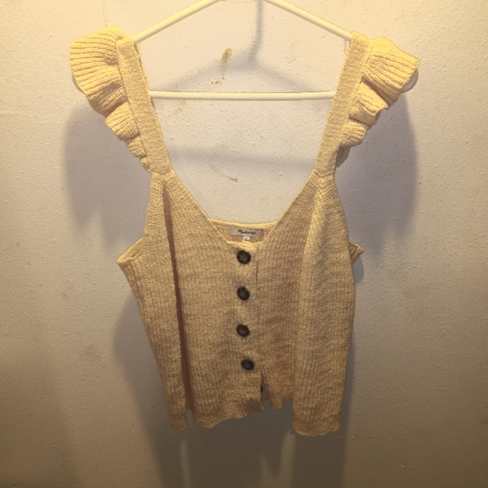EUC Madewell Cream Ruffle Strap Button Up Sweater Tank L